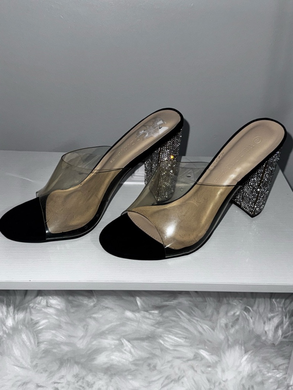 Clear Mule Sandals with Black Cap Toe and Crystal Block Heel